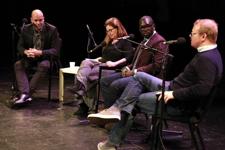 Mike Pesca, Dahlia Lithwick, Jamelle Bouie, and Jim Newell sit onstage.
